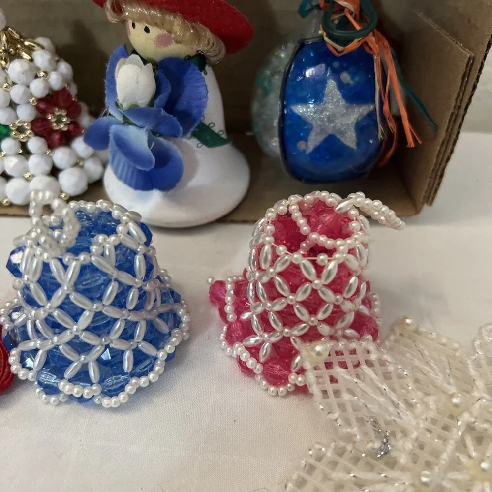 VTG Handmade Christmas Ornaments Bells Stained Glass Cross-stitched Angel Lot 12